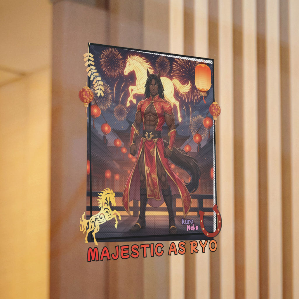 Sticker Die-Cut Anime RYO, illustration de personnage majestueux avec chevaux et lanternes.