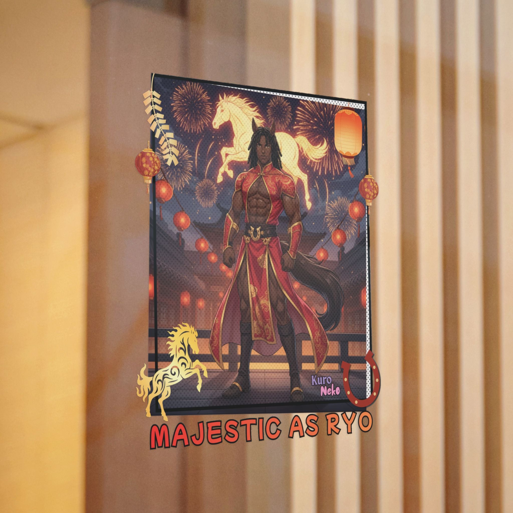 Sticker Die-Cut Anime RYO, illustration de personnage majestueux avec chevaux et lanternes.
