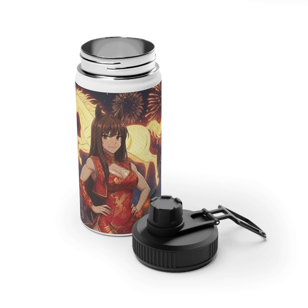 Gourde Isotherme Anime AKARI en acier inoxydable blanc 350ml avec design Akari cheval de feu, waifu kemonomimi célébrant l'Année du Cheval 2026 du zodiaque chinois, double paroi thermique, bouchon sport à visser, sans BPA