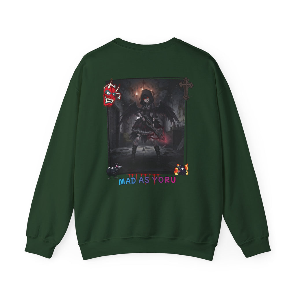 Sweatshirt Anime YORU avec un design gothique et de chasseuse de démons, impression colorée au dos.