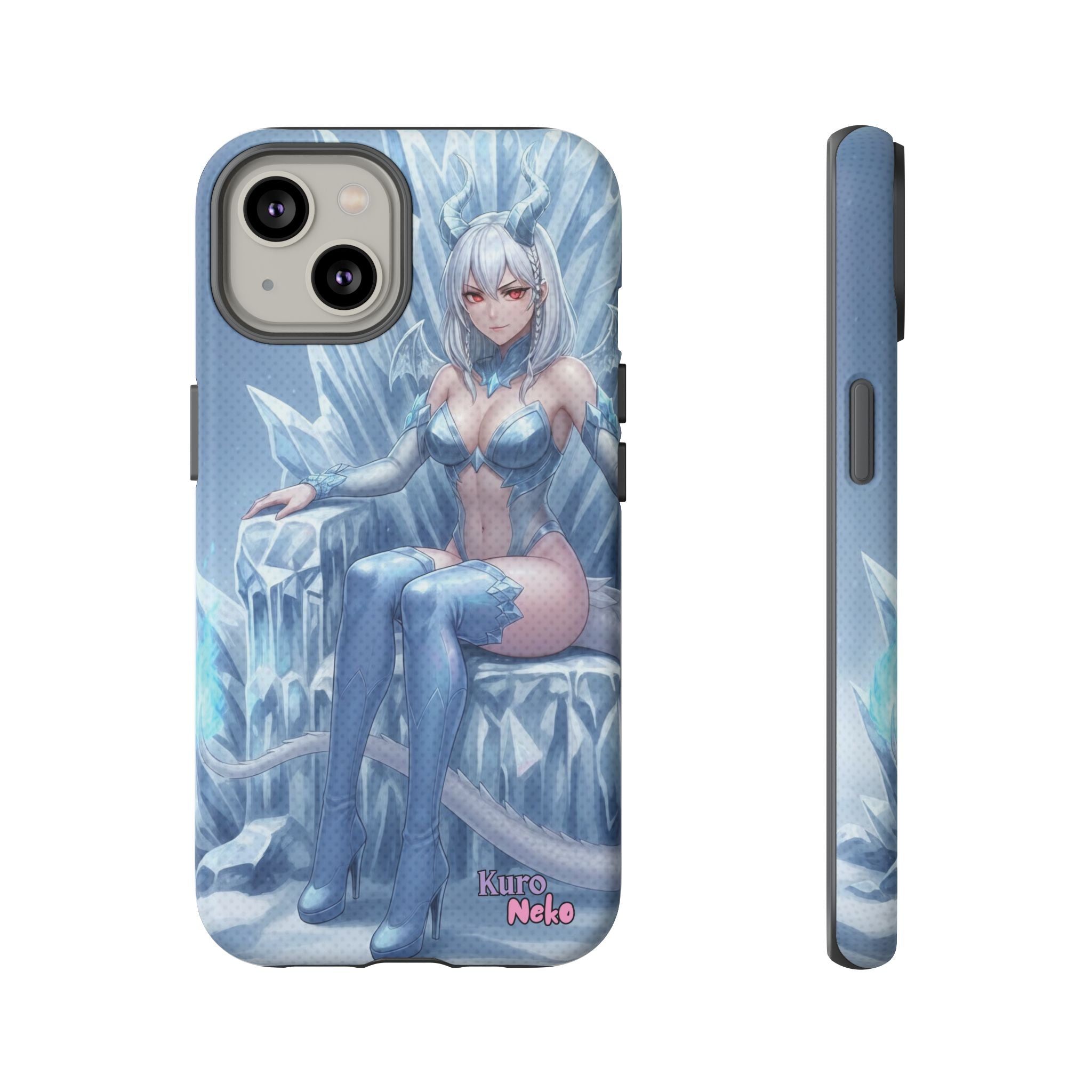 coque téléphone anime yuki : dragonne kemonomimi vêtue de glace dans un paysage hivernal, style Cold as Yuki, protège votre smartphone