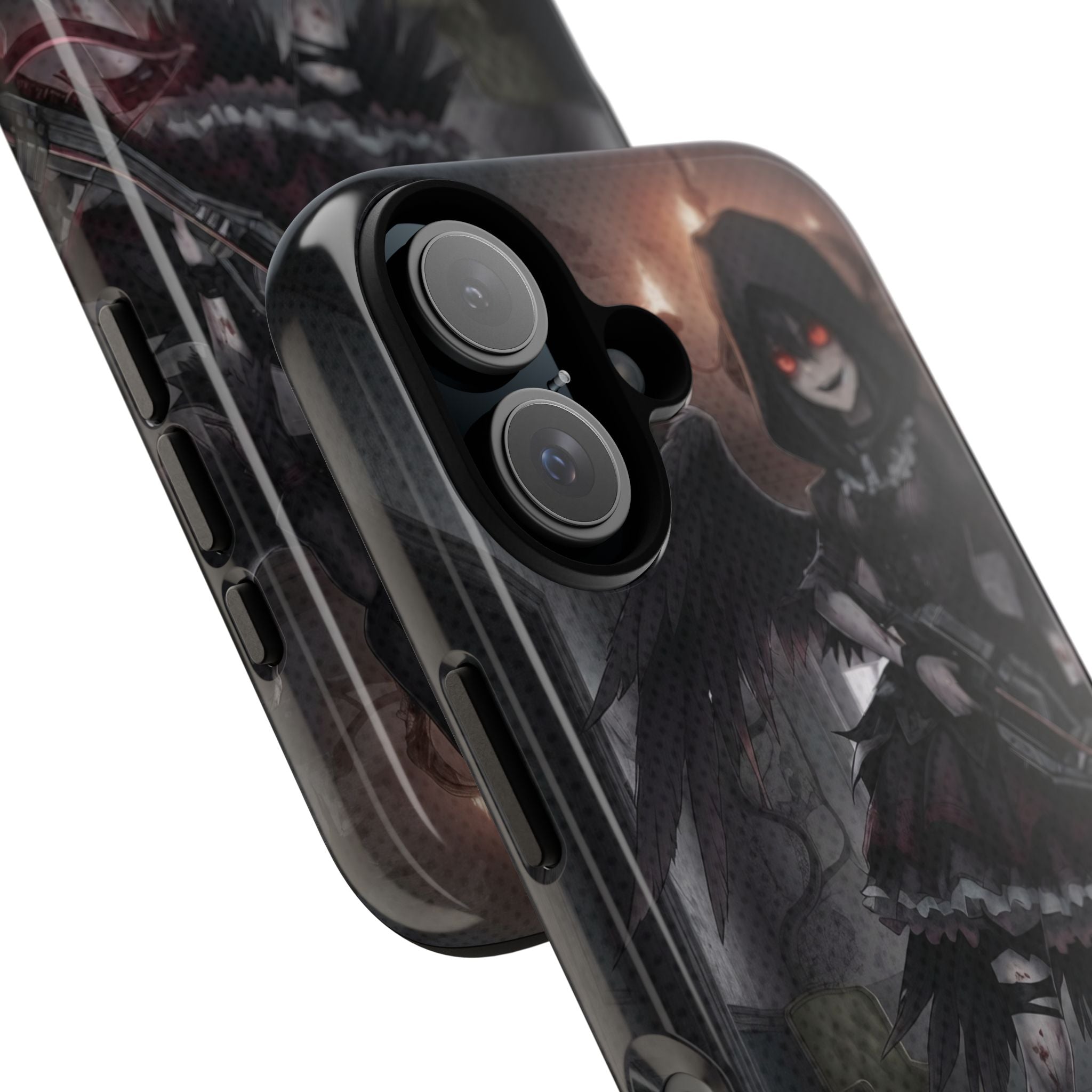 Anime Phone Case – Mad as Yoru Crow Waifu Kemonomimi with dark wings and glowing eyes for demon hunters.