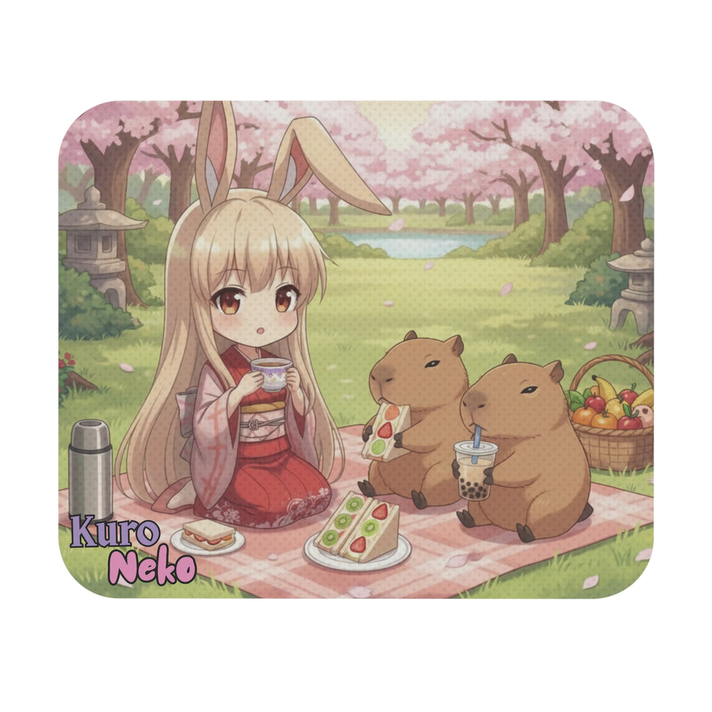 Tapis gaming Anime HARU montrant une chibi en kimono avec des animaux dans un décor de pique-nique Sakura.