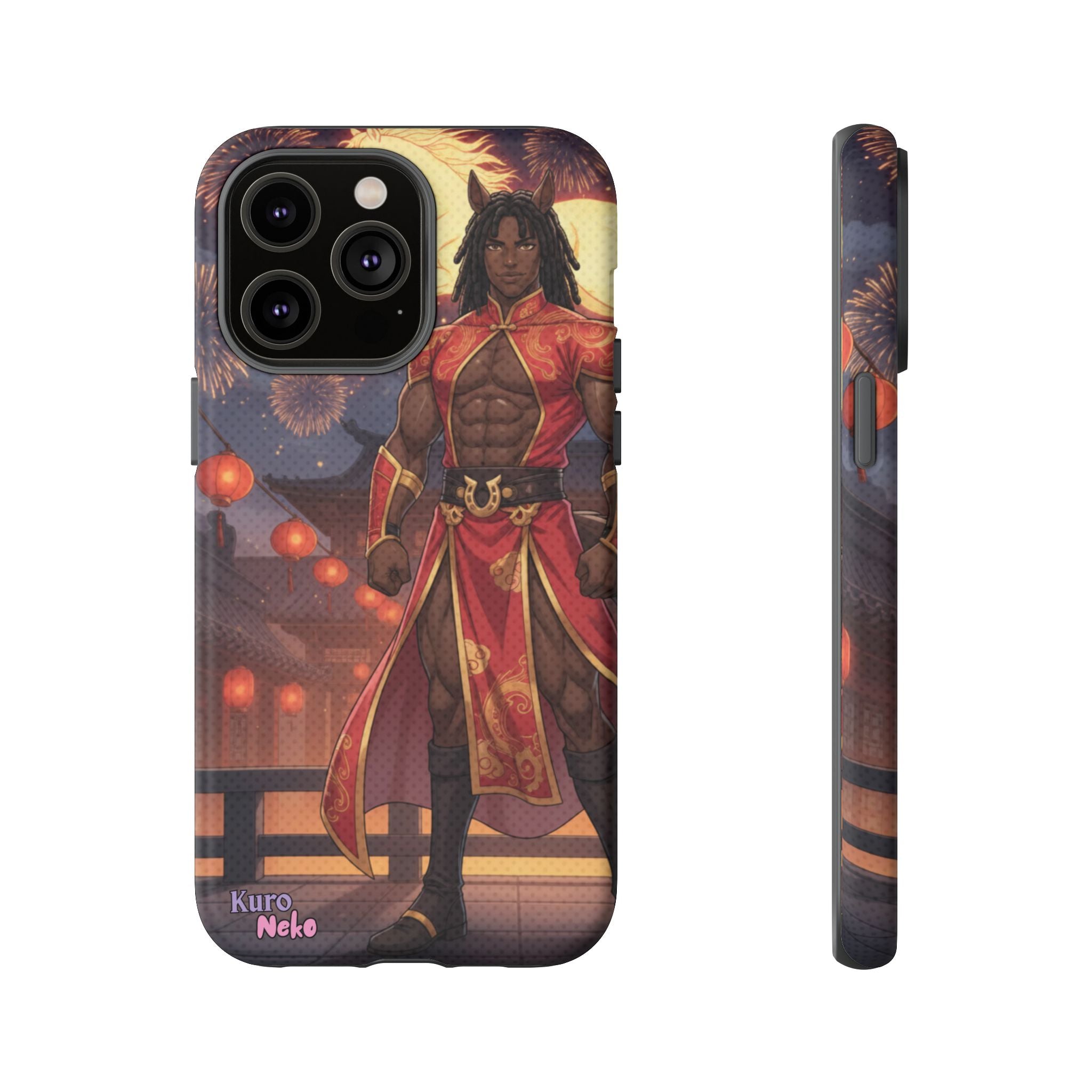 Coque téléphone Anime RYO avec illustration de personnage fort et élégant en arrière-plan de lanternes. Protégez votre smartphone !