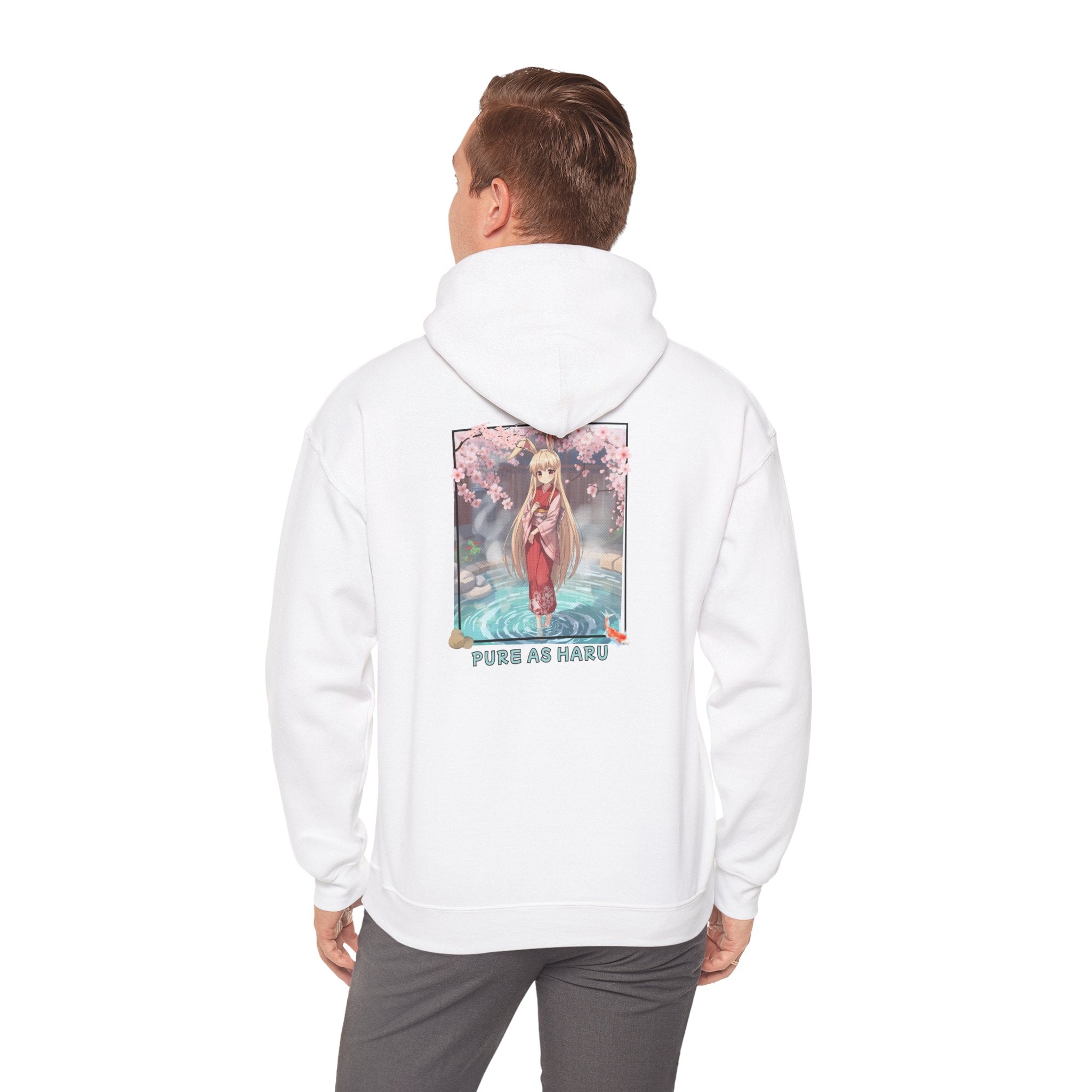 Hoodie blanc avec impression anime Waifu HARU Bunny Girl onsen kimono bains japonais carpe koï cozy et chill