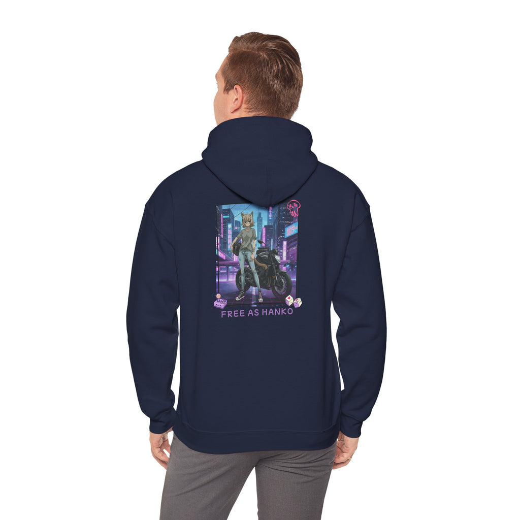 Hoodie bleu nuit avec impression anime Waifu HANKO Cat Girl tenue biker avec moto fond ville futuriste cyberpunk