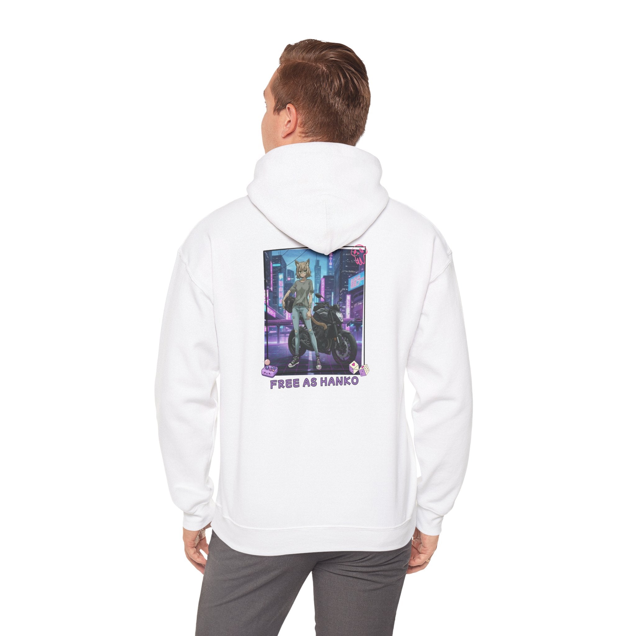 Hoodie blanc avec impression anime Waifu HANKO Cat Girl tenue biker avec moto fond ville futuriste cyberpunk