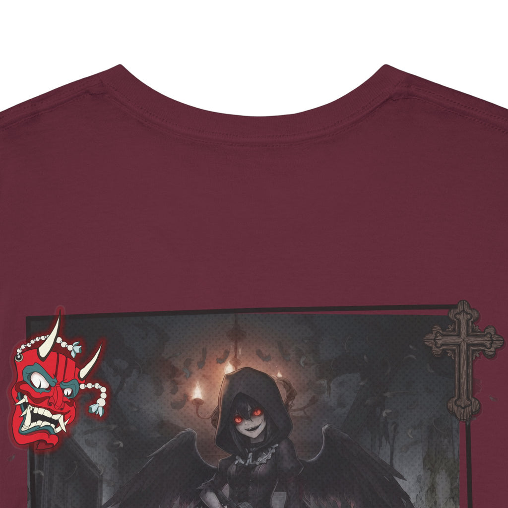 T-shirt Anime YORU avec design de chasseuse de démons et motifs gothiques sur fond rouge.