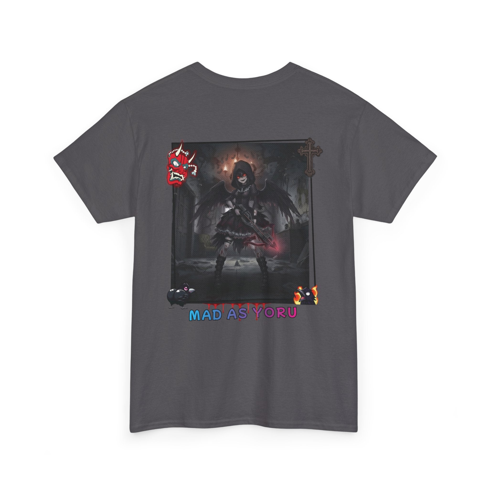 T-shirt Anime YORU Demon Hunter - YORU chasseur de démons animé, design sombre avec corbeau, texte Mad as Yoru