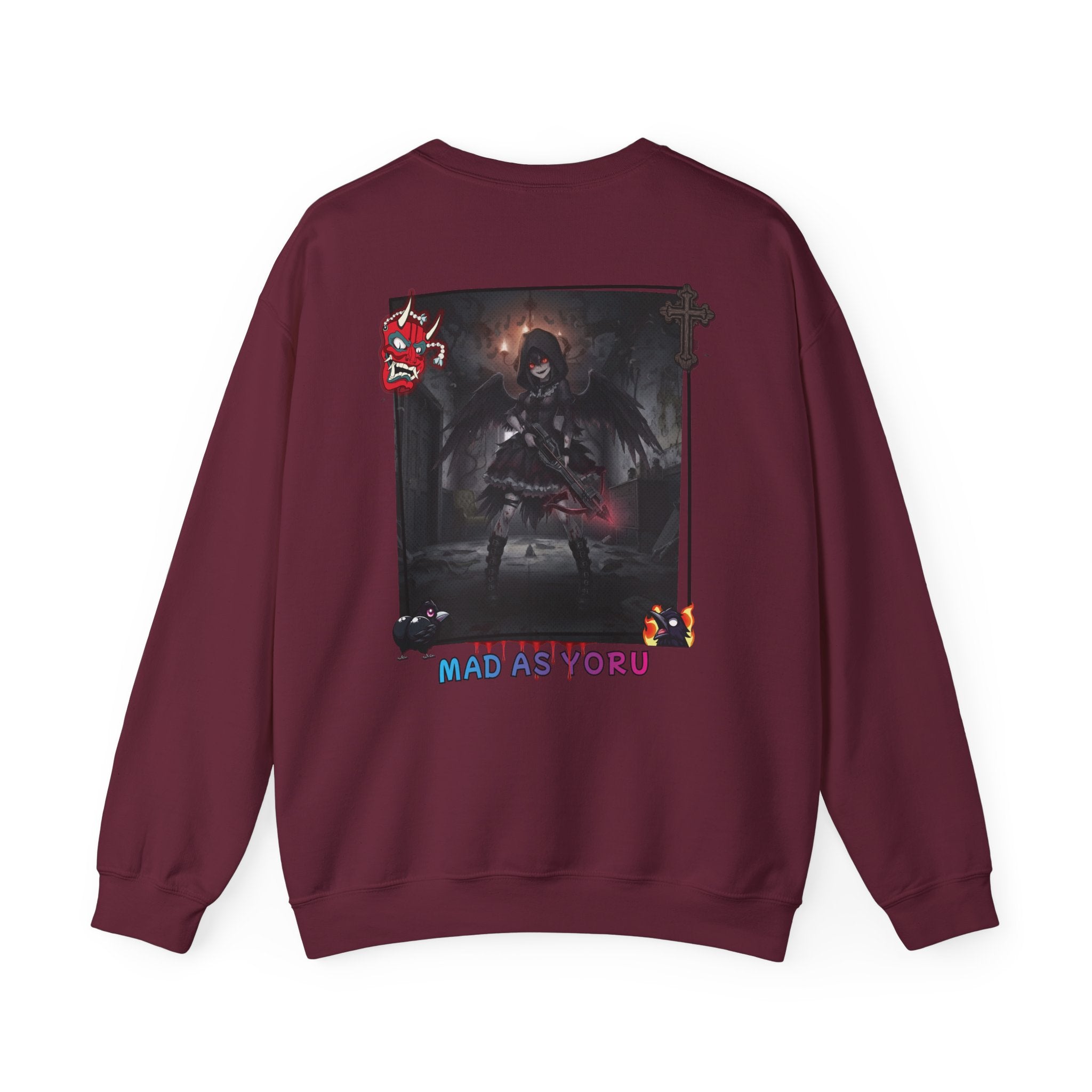Sweatshirt Anime YORU avec illustration de muse gothique et chasseresse de démons sur fond sombre.