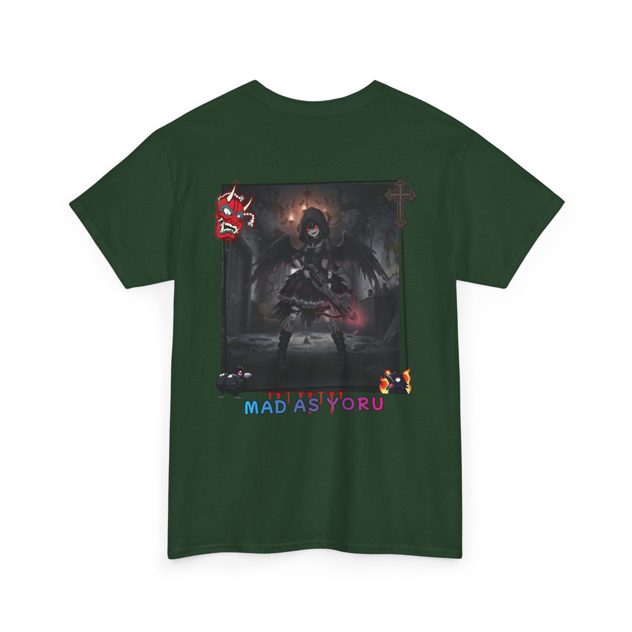T-shirt Anime YORU Demon Hunter - design sombre avec Yoru corbeau et motifs déjantés, phrase MAD AS YORU