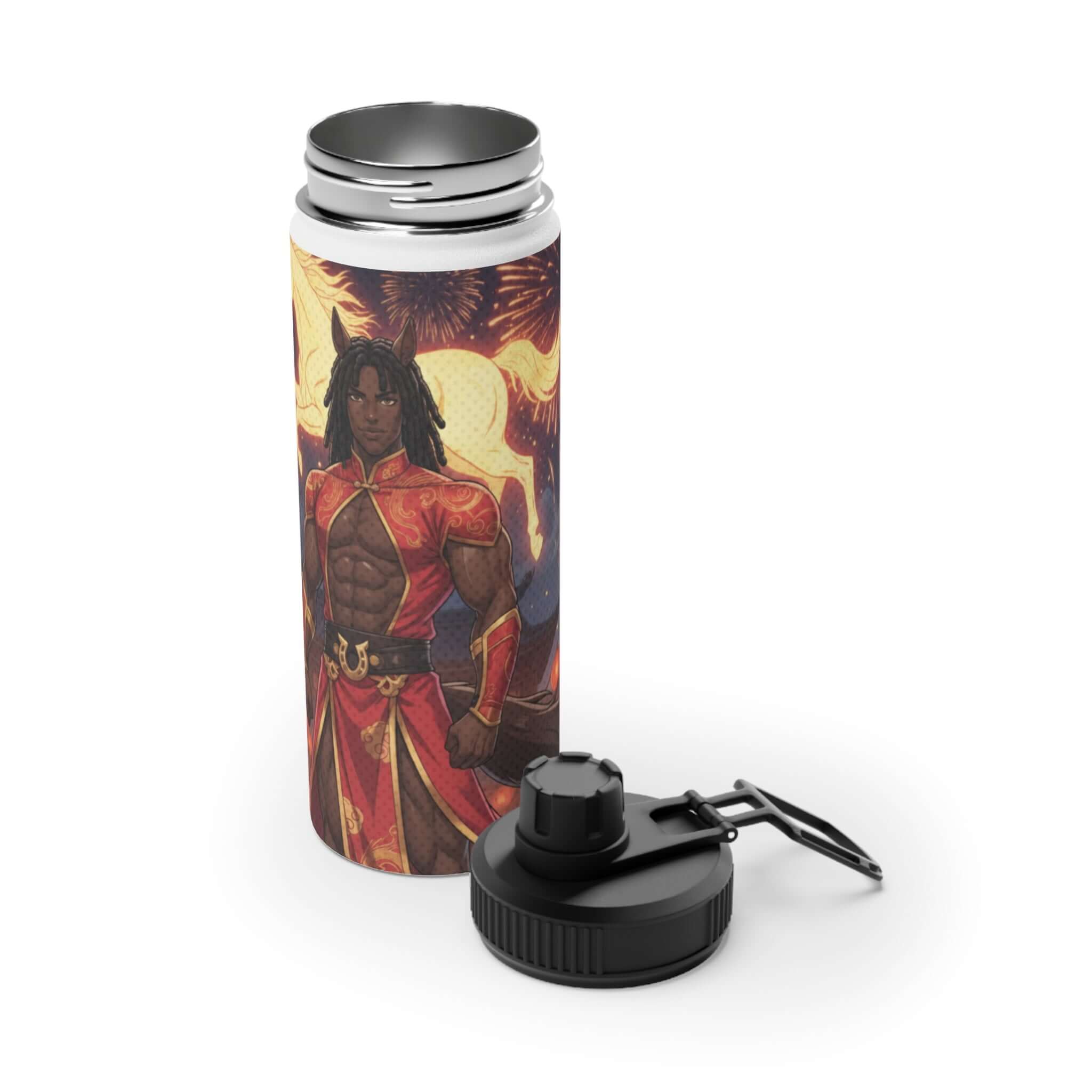 Gourde bouteille isotherme inox blanche 530ml avec illustration Ryo husbando cheval de feu protecteur, kemonomimi anime, sans BPA, construction double paroi