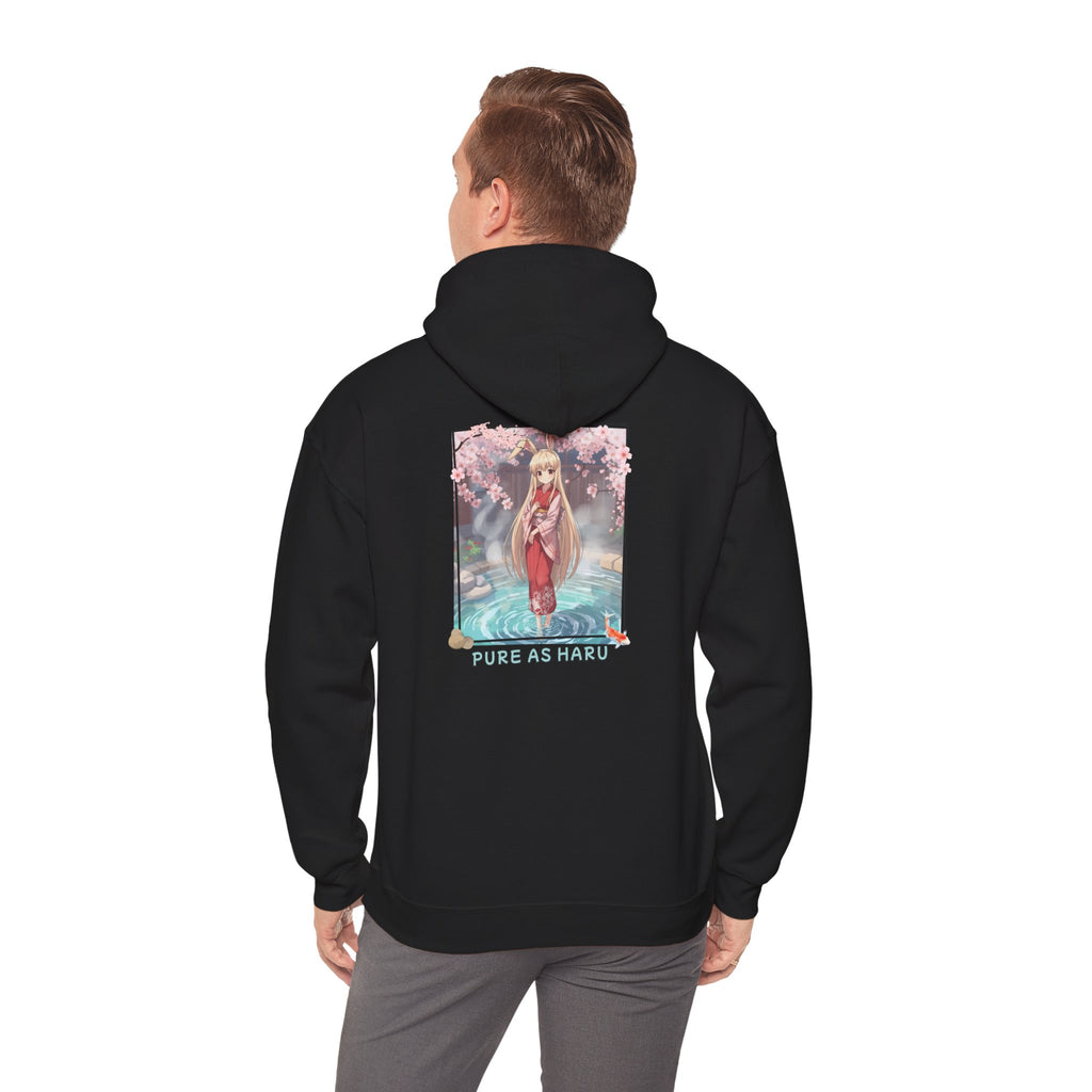 Hoodie noir avec impression anime Waifu HARU Bunny Girl onsen kimono bains japonais carpe koï cozy et chill