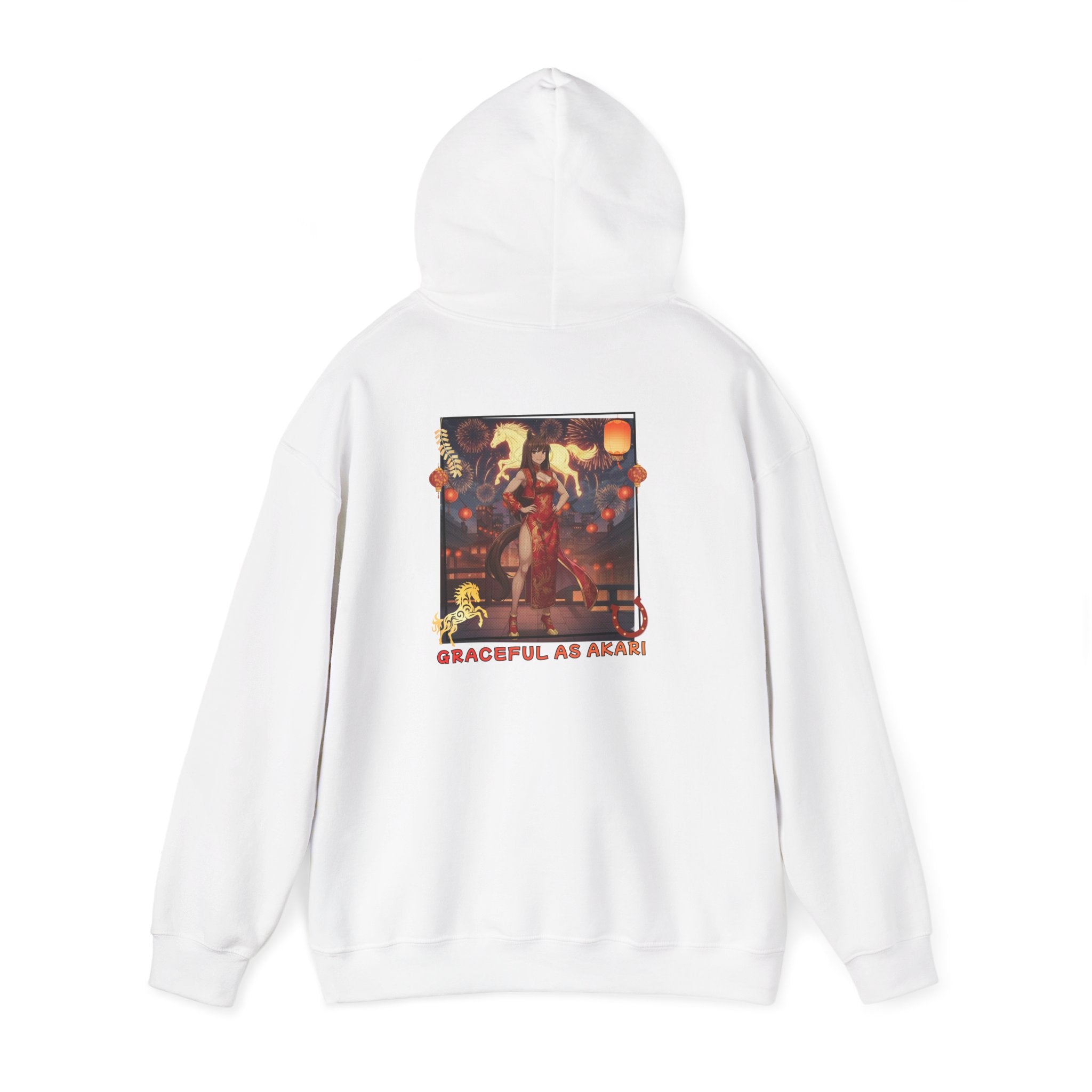 Sweat à capuche Anime AKARI avec design 'Graceful as Akari' sur l'arrière, fond blanc.
