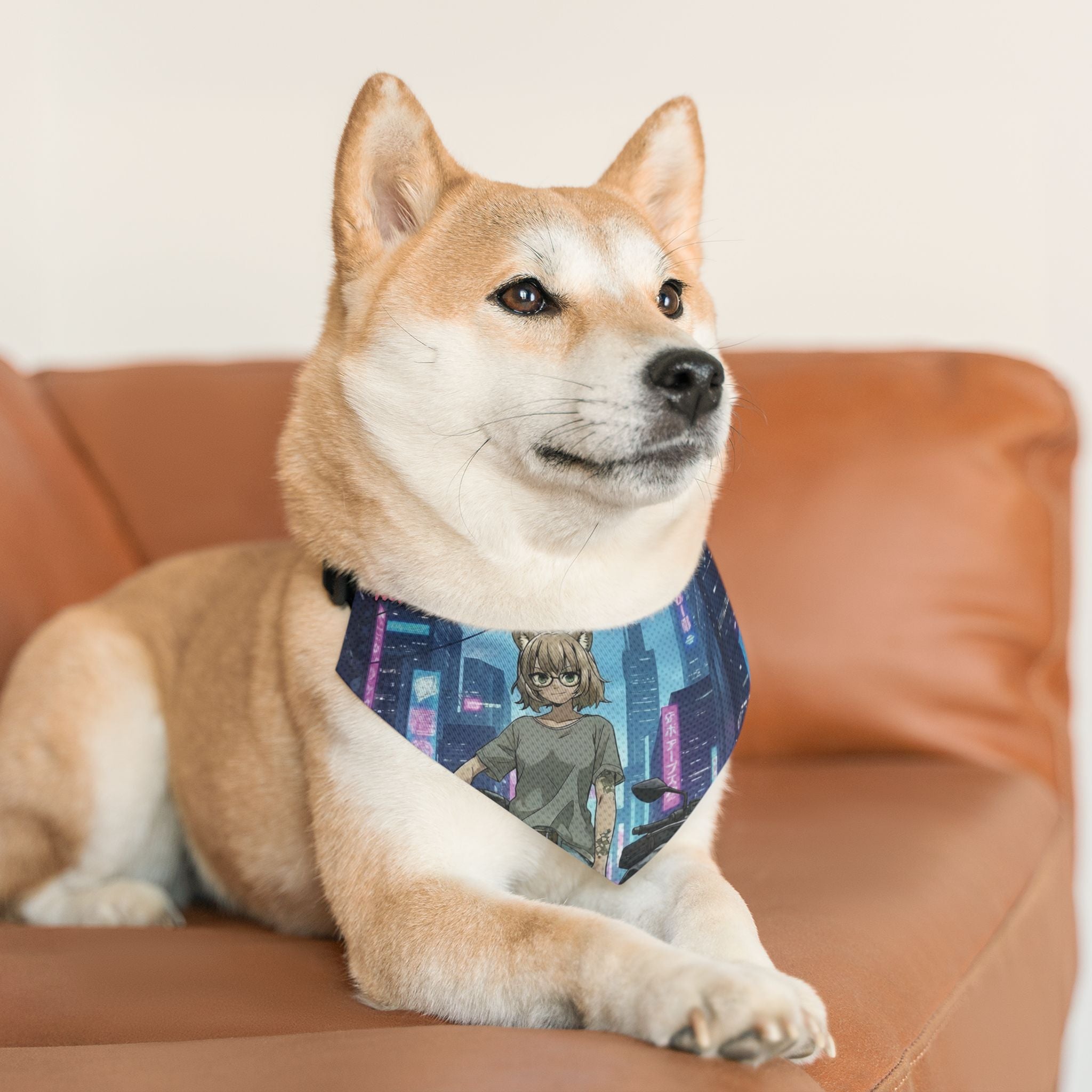 Collier bandana chat & chien HANKO Chatte Cyberpunk & Style Néon sur un chien Shiba Inu, Kuro Neko Shop
