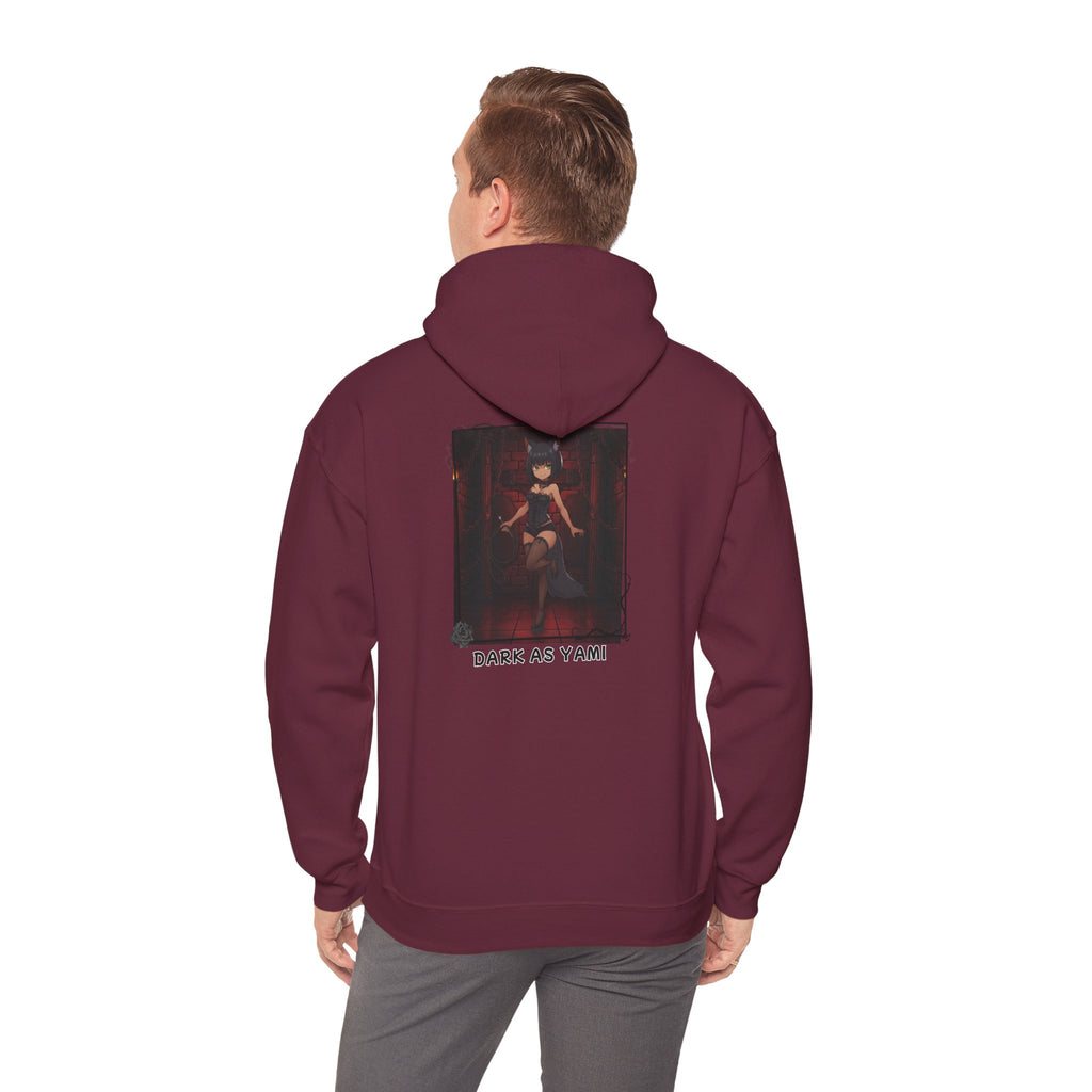 Homme portant un Sweat à capuche Anime YAMI, design 'Dark as Yami' visible dans le dos.