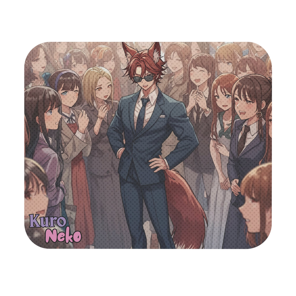 Tapis de souris Anime KAITO avec un renard kemonomimi charismatique entouré de fans admiratrices.