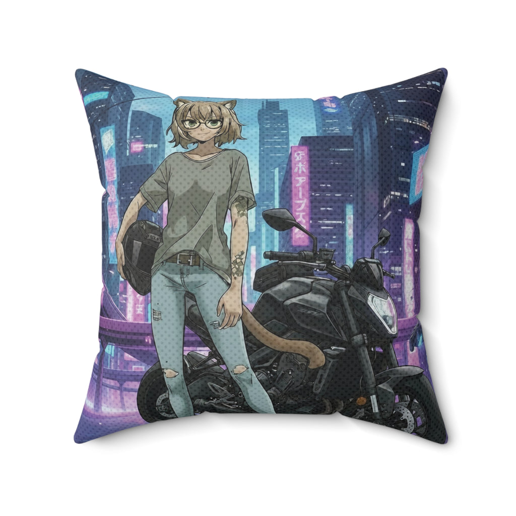 Coussin carré Anime HANKO avec un personnage cyberpunk et une moto dans un décor futuriste