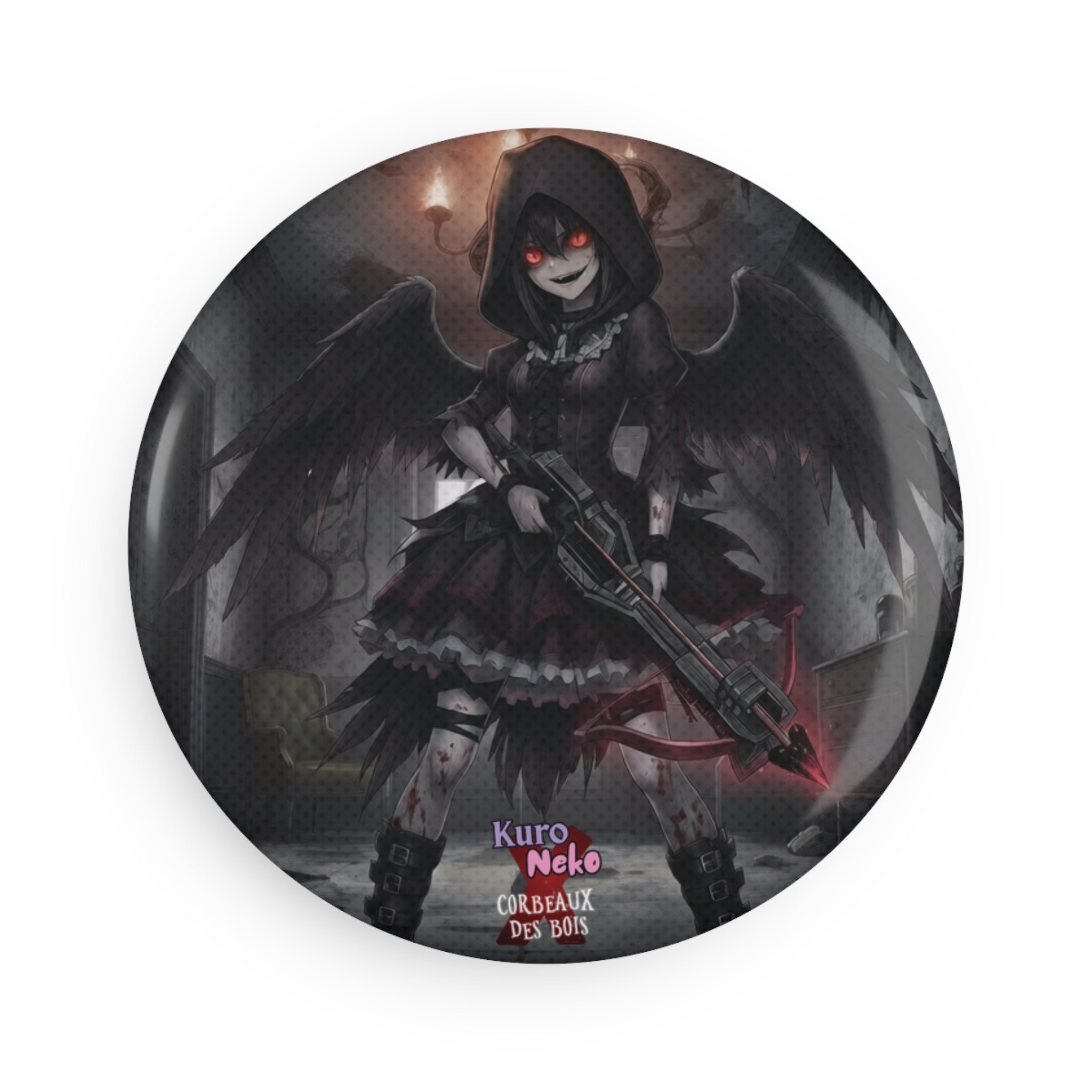 Magnet rond Anime YORU avec une muse gothique aux ailes noires et une arme, ajoutant une touche occulte à votre quotidien.
