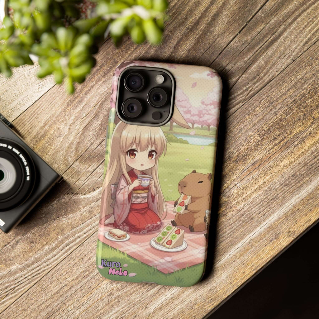 Coque de Téléphone Anime HARU Muse Chibi Pique-nique avec un personnage kemonomimi aux oreilles d'animaux, style anime, Kuro Neko Shop.