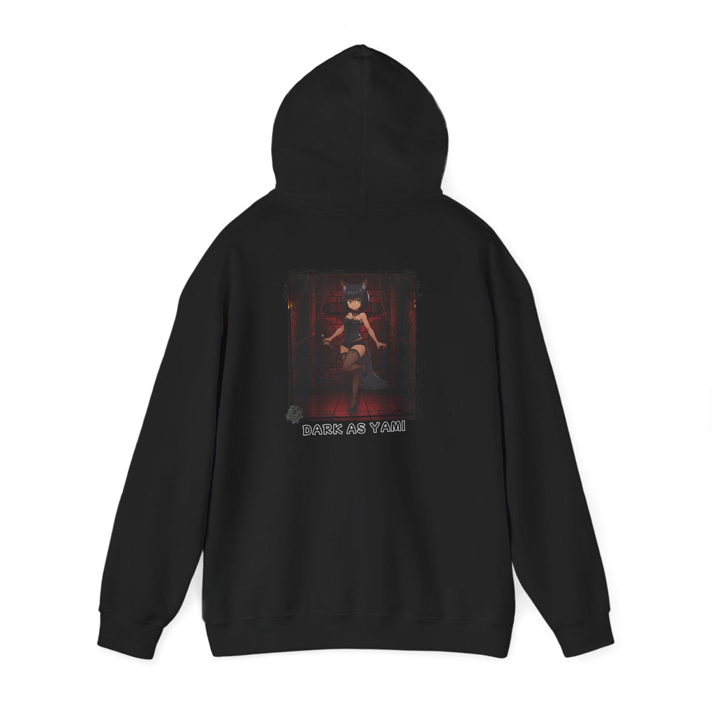 Sweat à capuche Anime YAMI avec design 'Dark as Yami' et illustration fascinante à l'arrière.