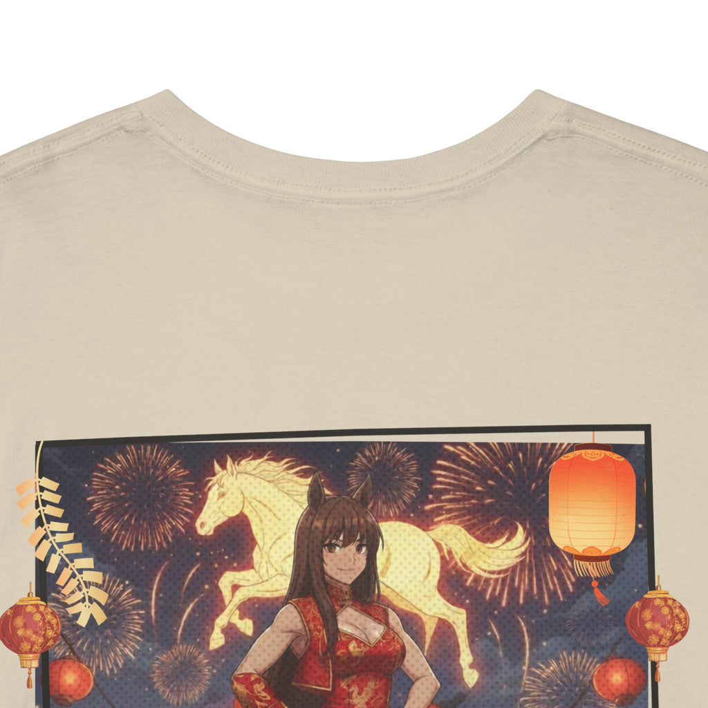 T-shirt Anime AKARI Danse du Zodiaque & Style Cheval avec personnage kemonomimi, oreilles d'animal, et arrière-plan festif. Kuro Neko Shop