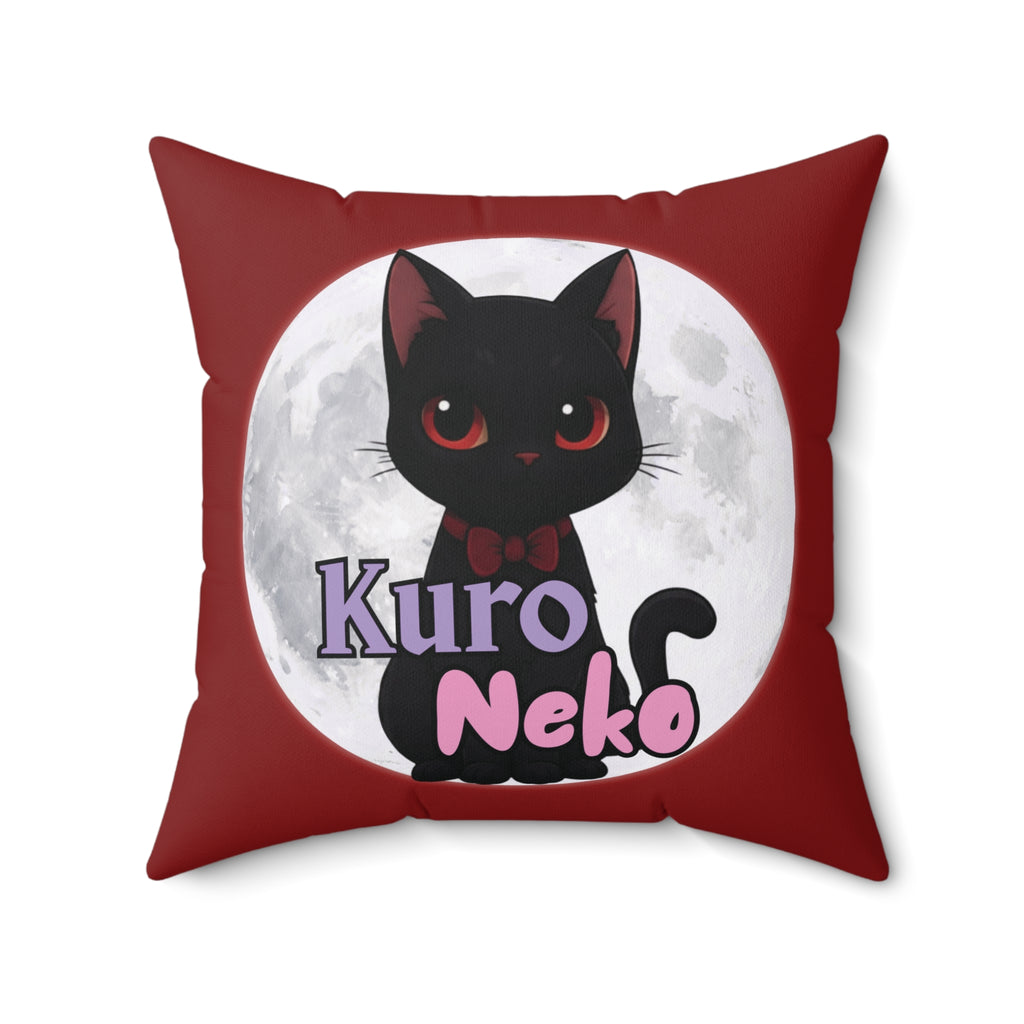 Coussin Carré Anime RYO avec un design Kuro Neko sur fond rouge, représentant un chat noir mignon.
