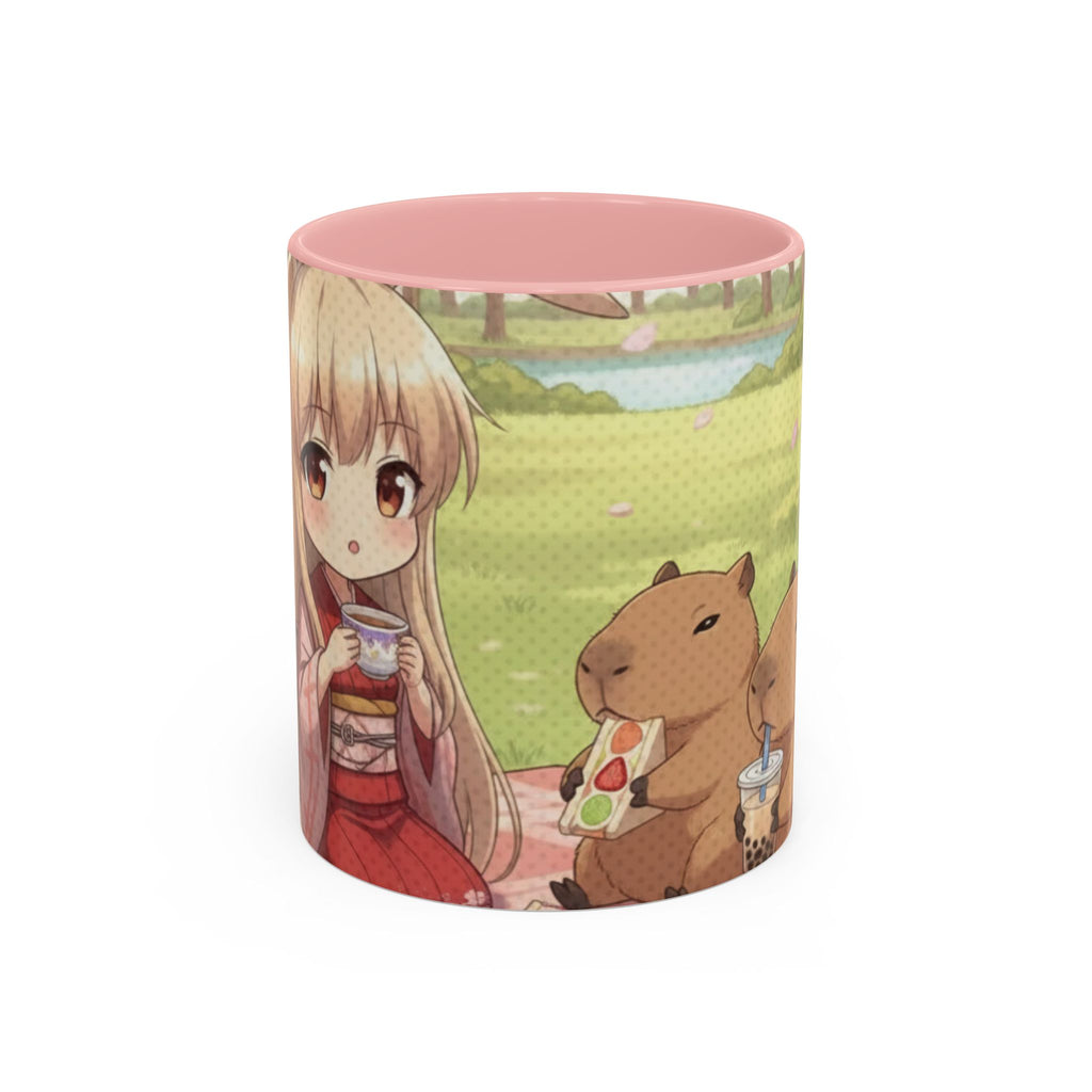 Mug Anime HARU Chibi Printemps – image montrant Haru chibi avec des capybaras et bubble tea lors d’un pique-nique