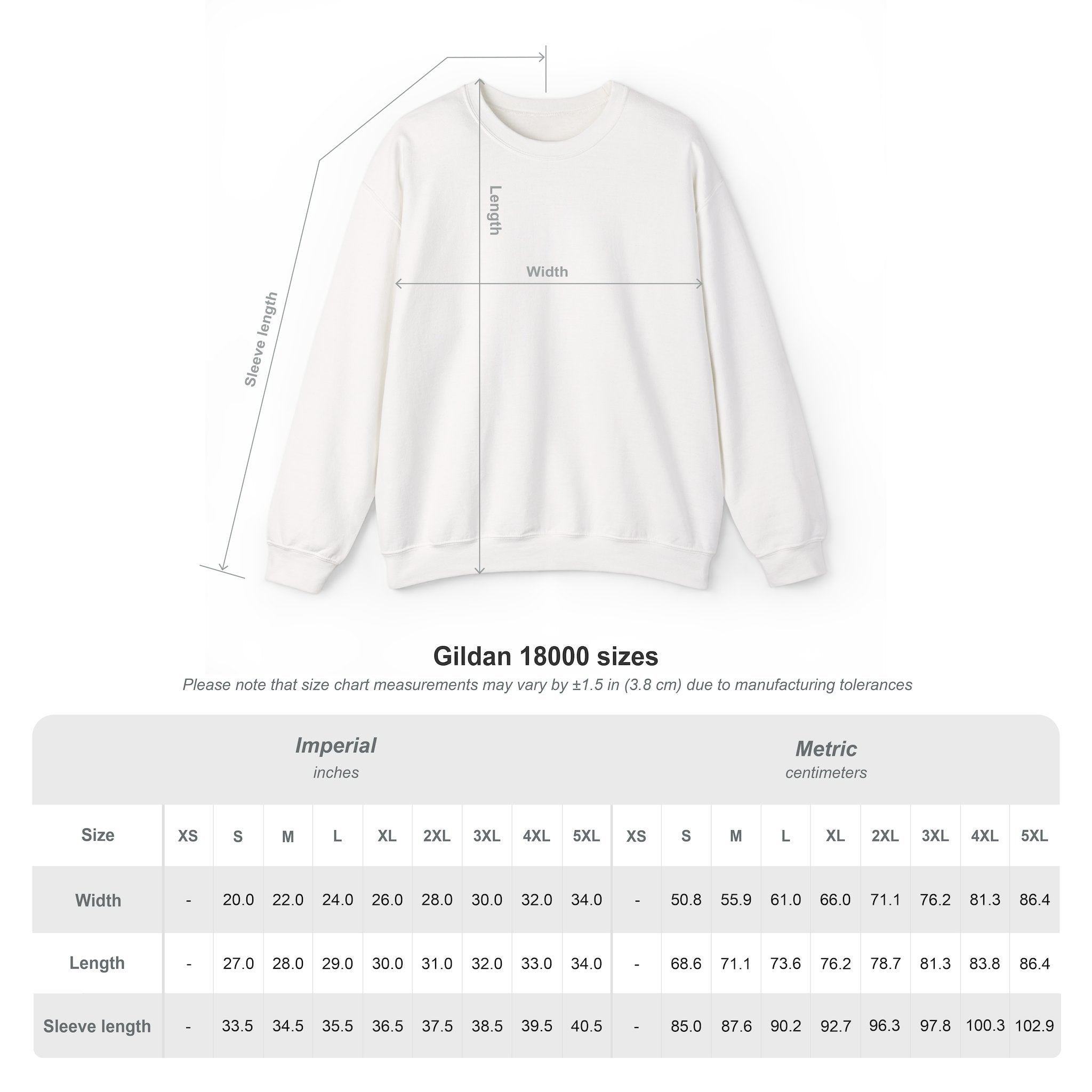 Sweatshirt Anime YORU - Tableau des tailles Gildan 18000 avec mesures en pouces et centimètres.