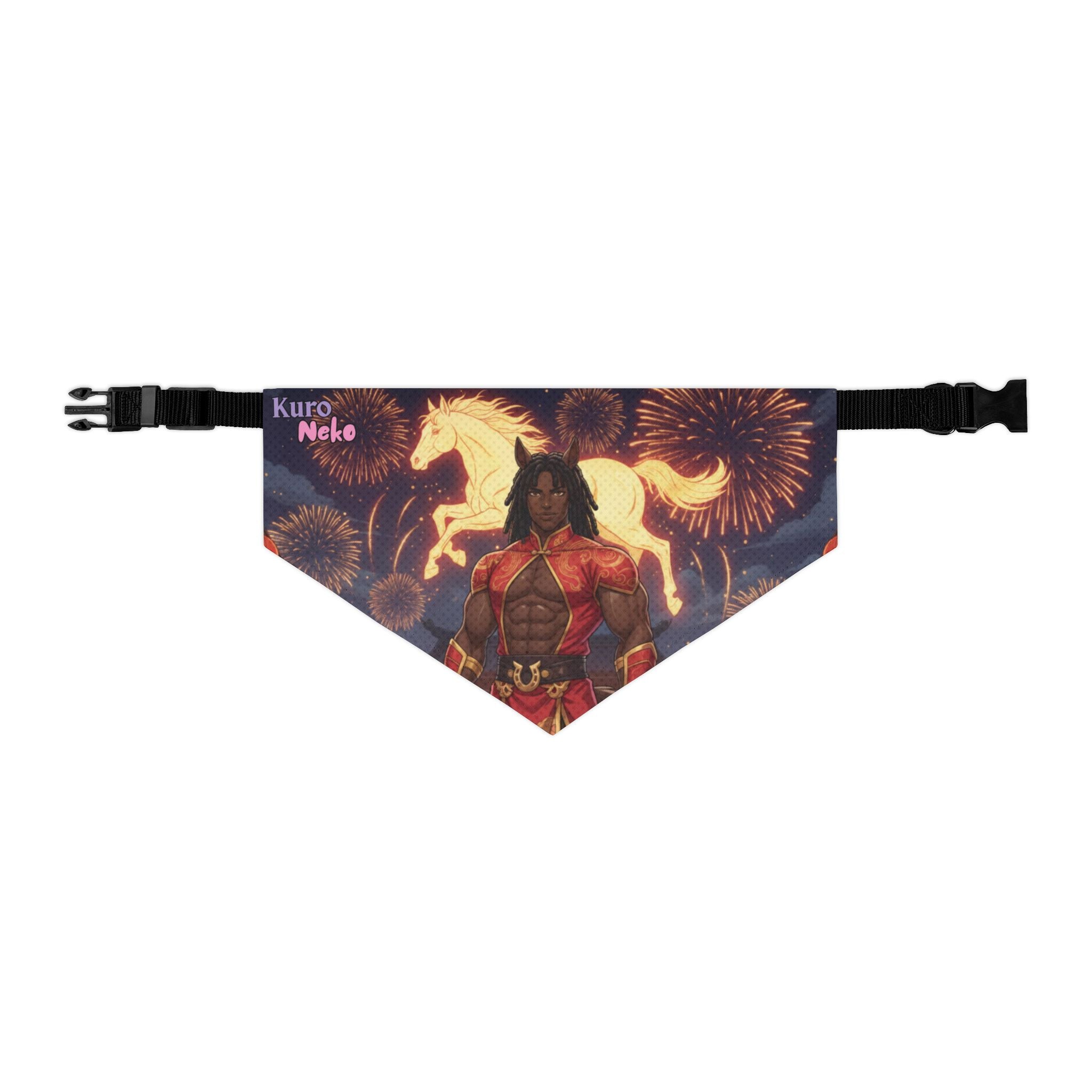 Collier Bandana Chat & Chien Anime RYO Icône Zodiaque 2026 avec design d'un cheval kemonomimi et feu d'artifice, Kuro Neko Shop