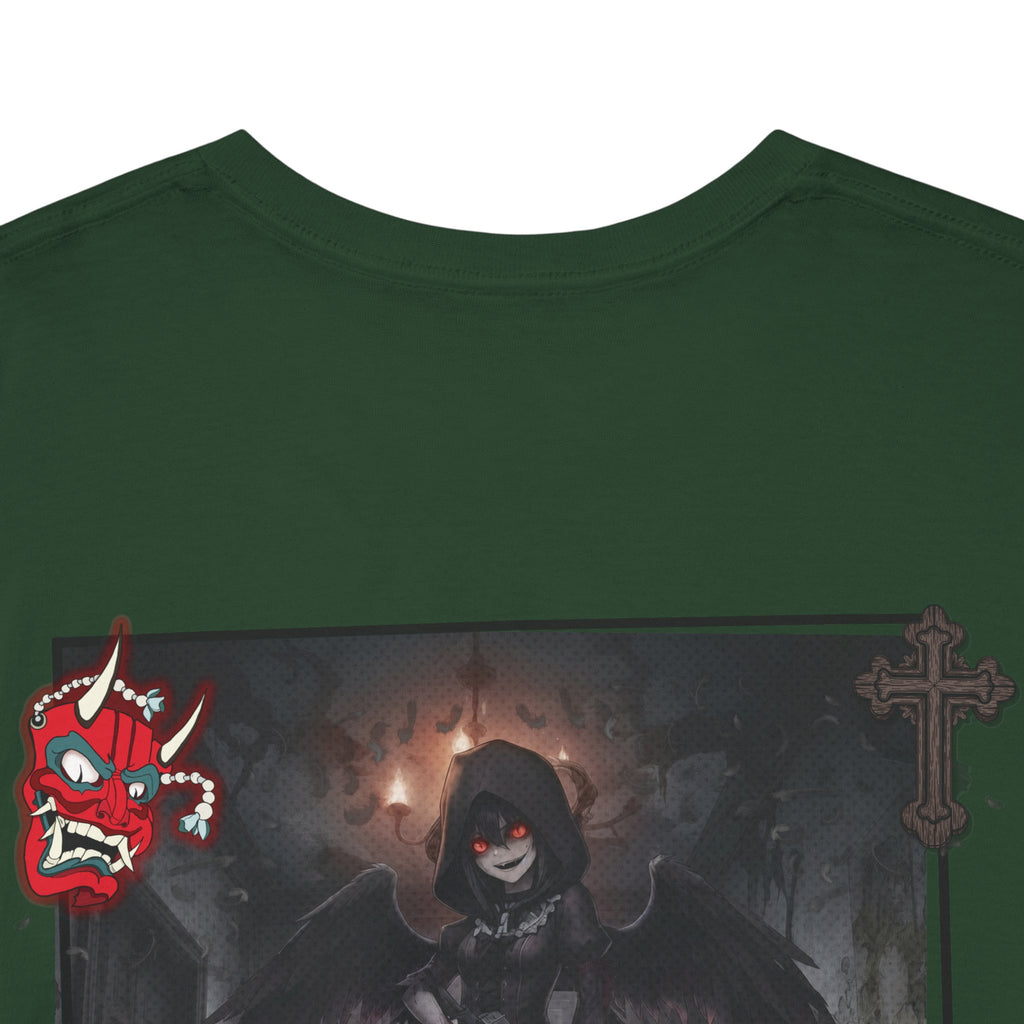 T-shirt Anime YORU avec un design gothique représentant une chasseuse de démons et des motifs sombres.