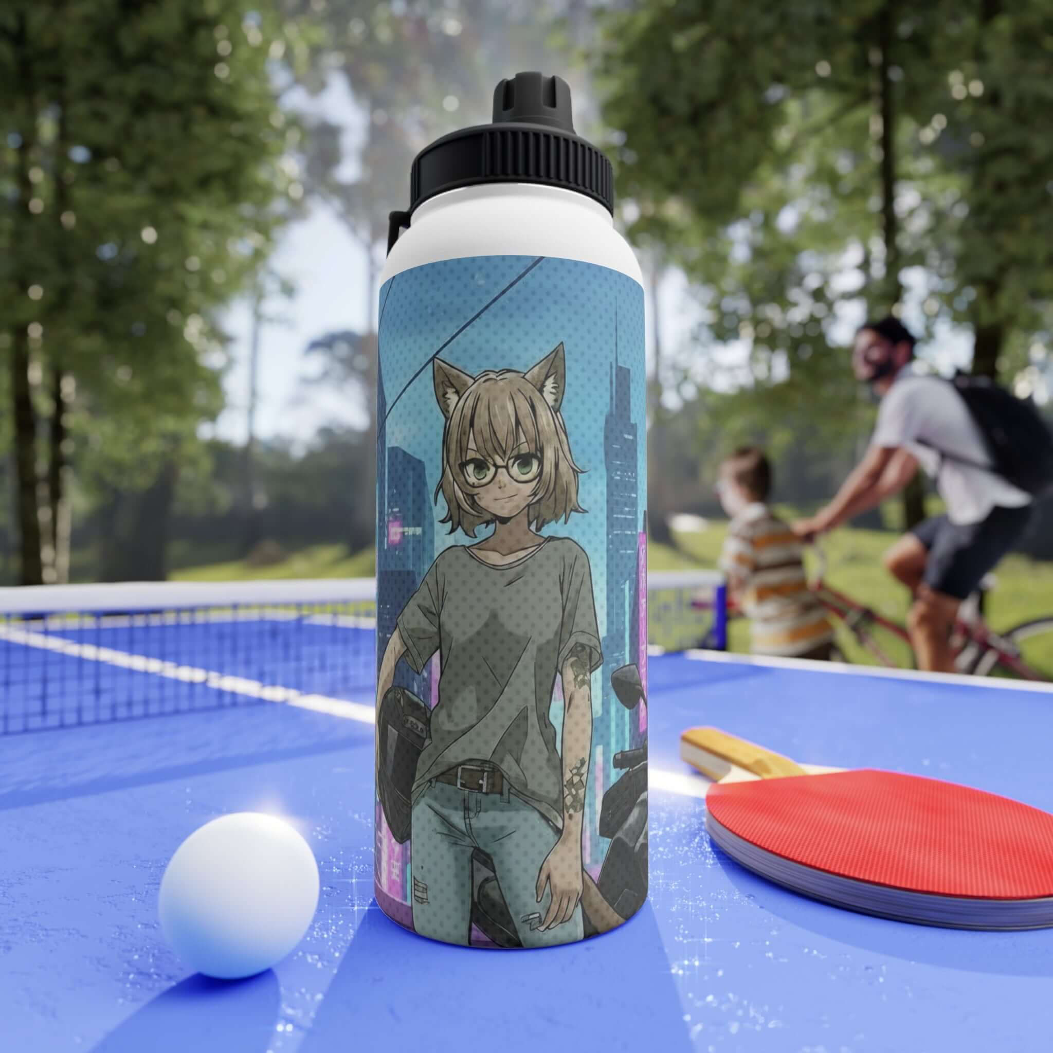 Bouteille isotherme sportive en acier inoxydable blanc 950ml avec artwork Hanko chat kemonomimi cyberpunk néon, waifu oreilles de chat futuriste, double paroi thermique, bouchon sport, design original Kuro Neko Shop, sans BPA