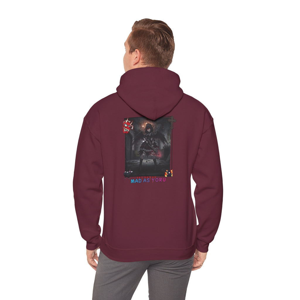 Homme portant un Sweat à Capuche Anime YORU avec un design gothique au dos dans une teinte bordeaux.