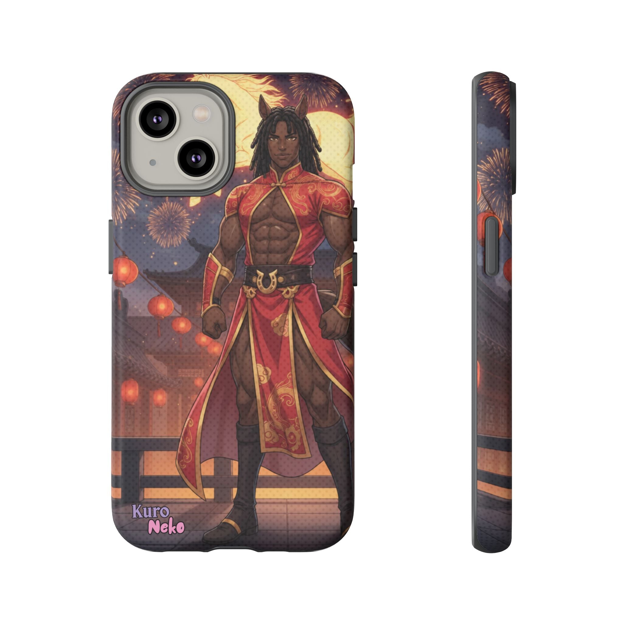 Coque téléphone Anime RYO représentant un personnage robuste en habit traditionnel avec des feux d'artifice en arrière-plan.