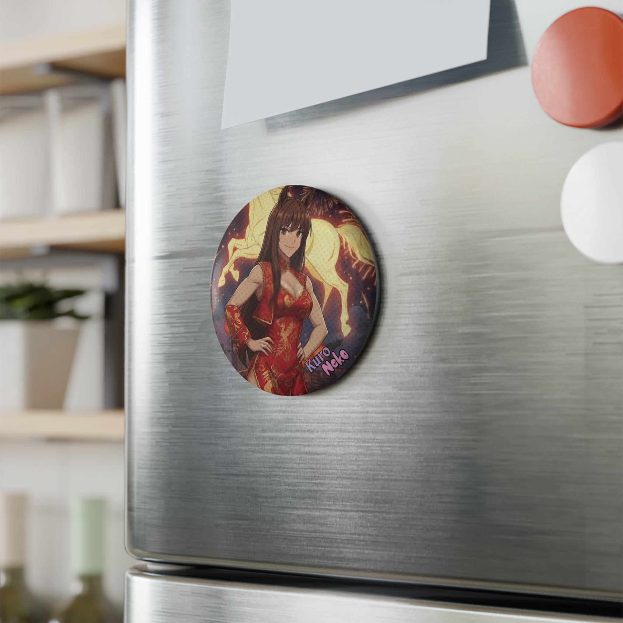 Aimant Rond Anime AKARI sur un frigo, décoration amusante qui célèbre l'Année du Cheval.