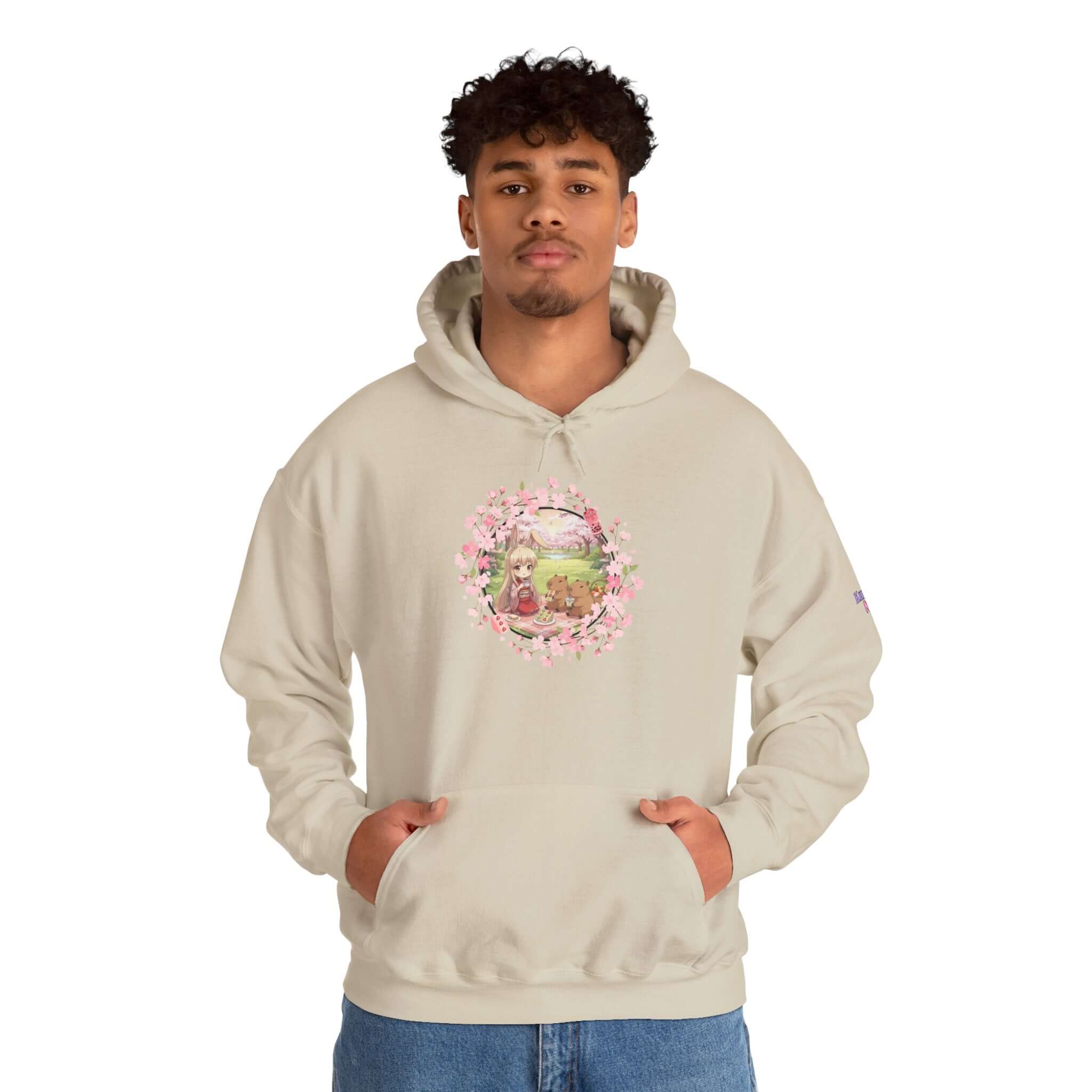 Sweat à capuche Anime HARU Muse Chibi Pique-nique Sakura avec une illustration colorée, oreille de lapin, Kuro Neko Shop.