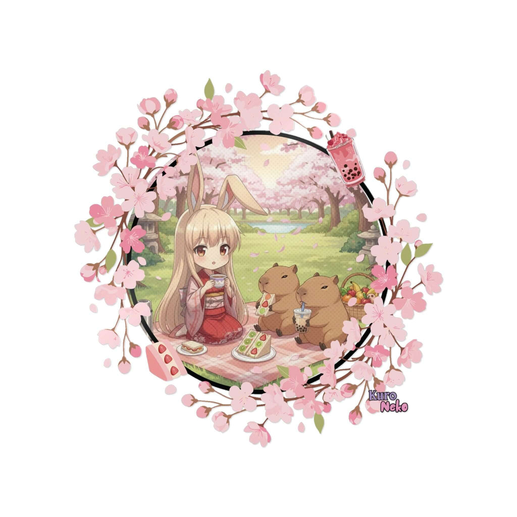 Sticker Anime HARU avec une muse lapin entourée de cerisiers en fleurs et d'animaux mignons lors d'un pique-nique.