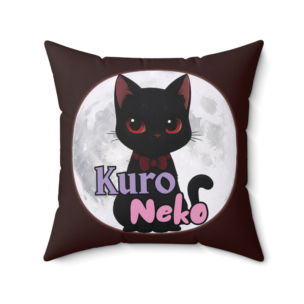 Coussin Carré Anime YAMI avec illustration de Kuro Neko, un chat noir mignon sur fond de lune.