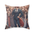 Coussin Carré Anime KAITO avec icône renard en costume, entouré de spectateurs admiratifs.