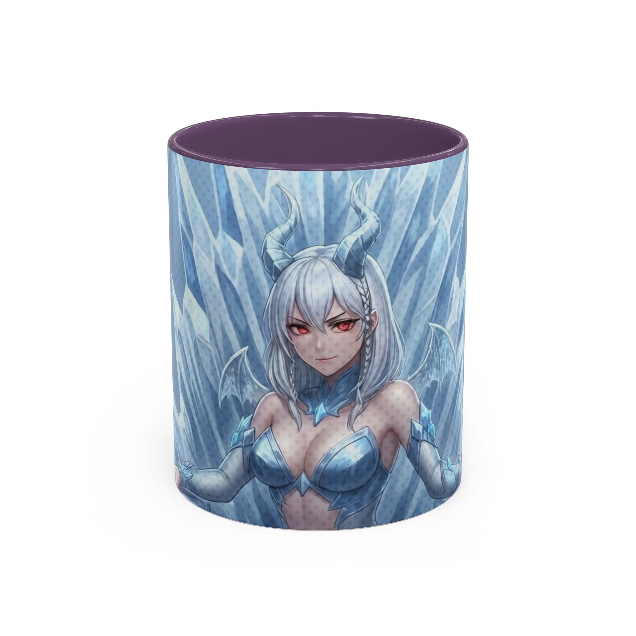 Mug anime YUKI - dragonne kemonomimi glaciale, YUKI embossée sur mug bleu givré, look hivernal avec flocons et ambiance froide