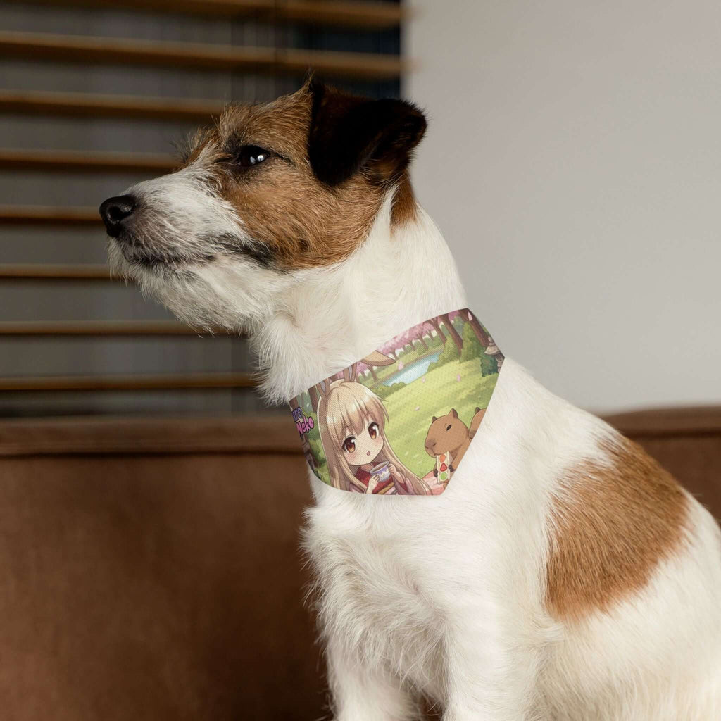 Collier bandana Chat & Chien Anime HARU sur un chien avec un décor champêtre.