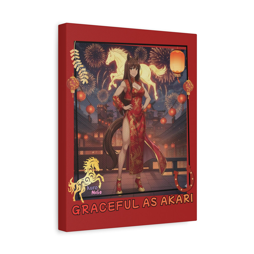 Toile Mate Anime AKARI représentant Akari élégante avec un cheval, décorée de lanternes et de feux d'artifice.