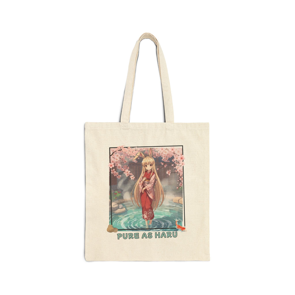 Tote Bag Anime HARU douceur zen - Tote Bag Anime HARU douceur zen image illustrant une tote bag en coton 400 g/m² avec personnage HARU sous cerisiers roses