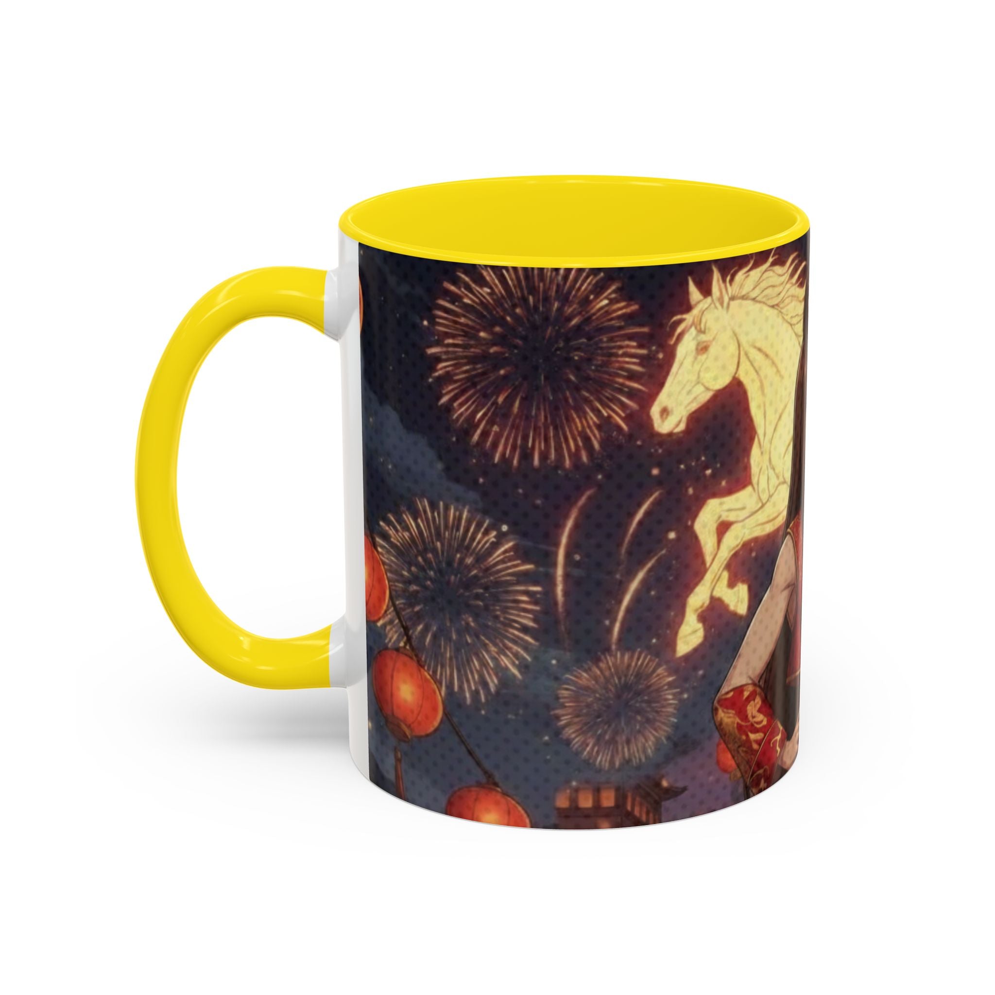 Mug Anime AKARI Cheval de Feu & Style Zodiaque, décoré avec une crinière fluide, des oreilles d'animaux, feux d'artifice, Kuro Neko Shop.