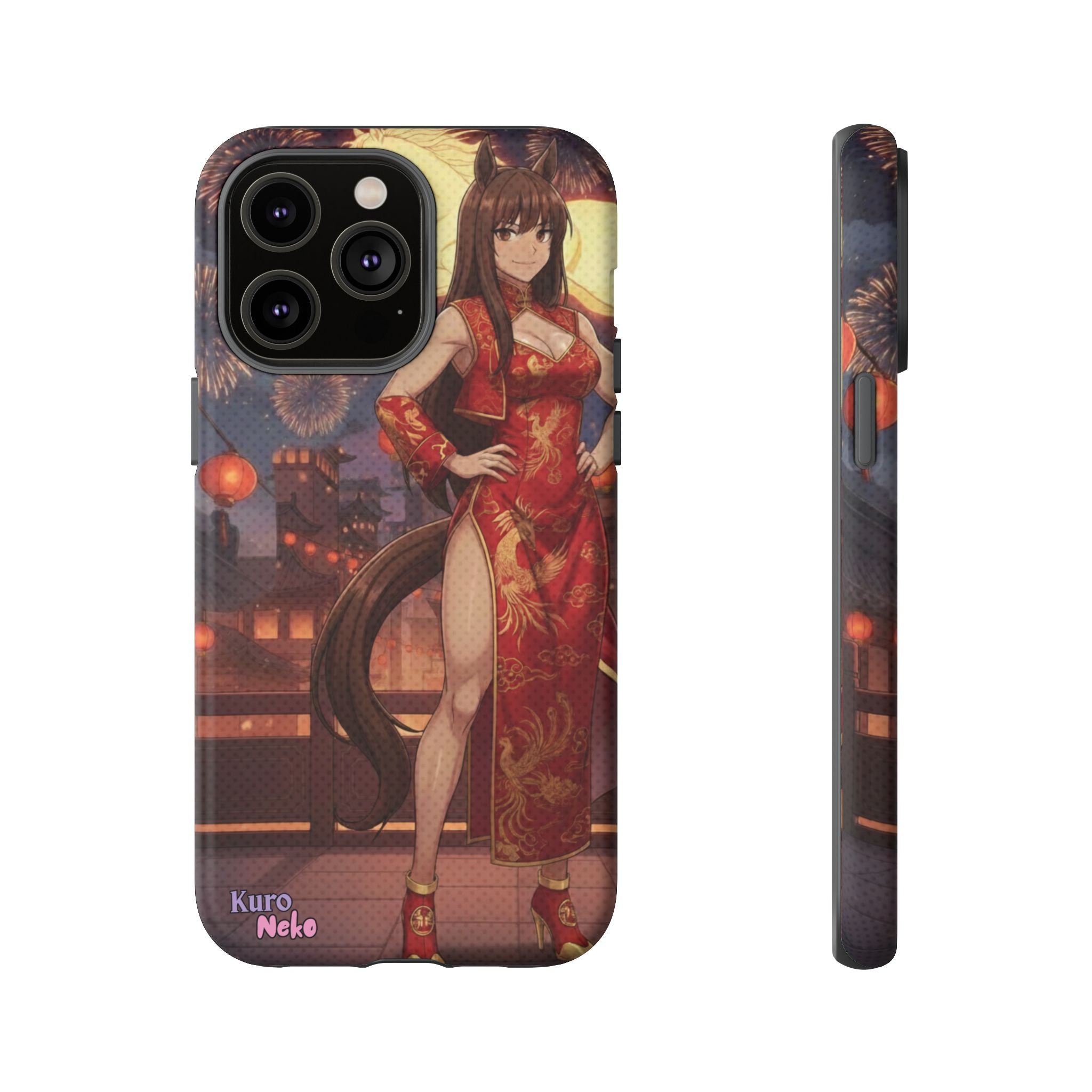 Coque téléphone Anime AKARI illustrant une femme en tenue rouge, inspirée de l'Année du Cheval 2026.