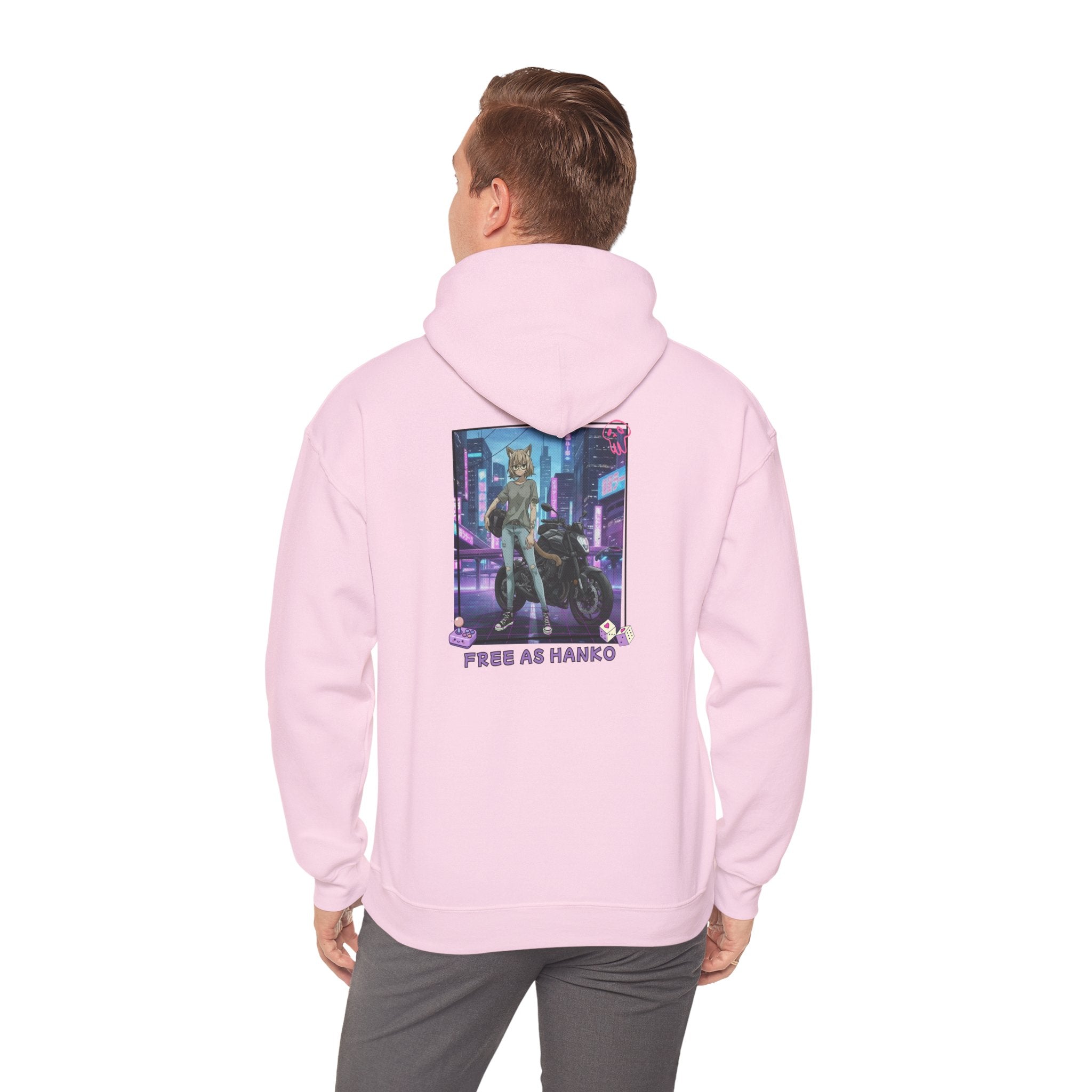 Hoodie rose avec impression anime Waifu HANKO Cat Girl tenue biker avec moto fond ville futuriste cyberpunk