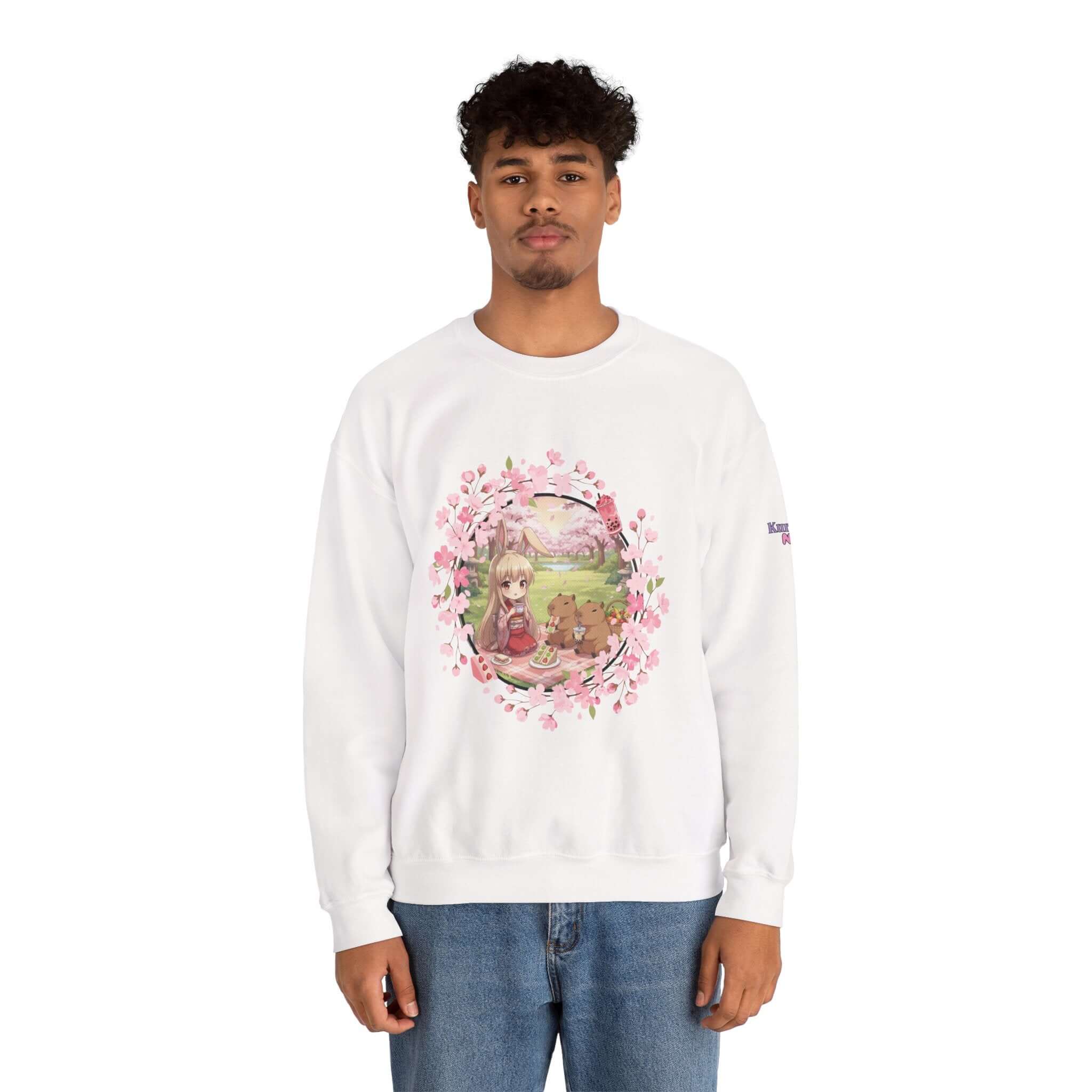 Sweatshirt Anime HARU Muse Chibi Pique-nique Sakura avec motif de pique-nique sous des fleurs de sakura, Kuro Neko Shop.