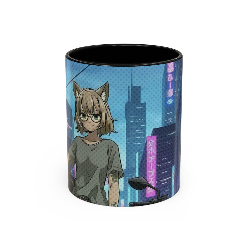 Mug Anime HANKO – Chatte kemonomimi cyberpunk devant ville nocturne
