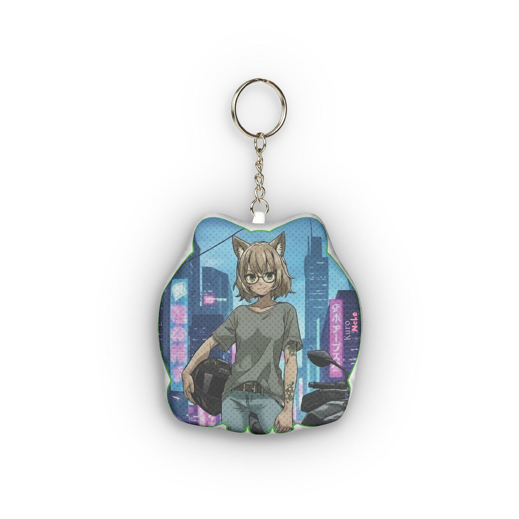 Porte-clés Peluche Anime HANKO avec une chatte kemonomimi dans un style cyberpunk.