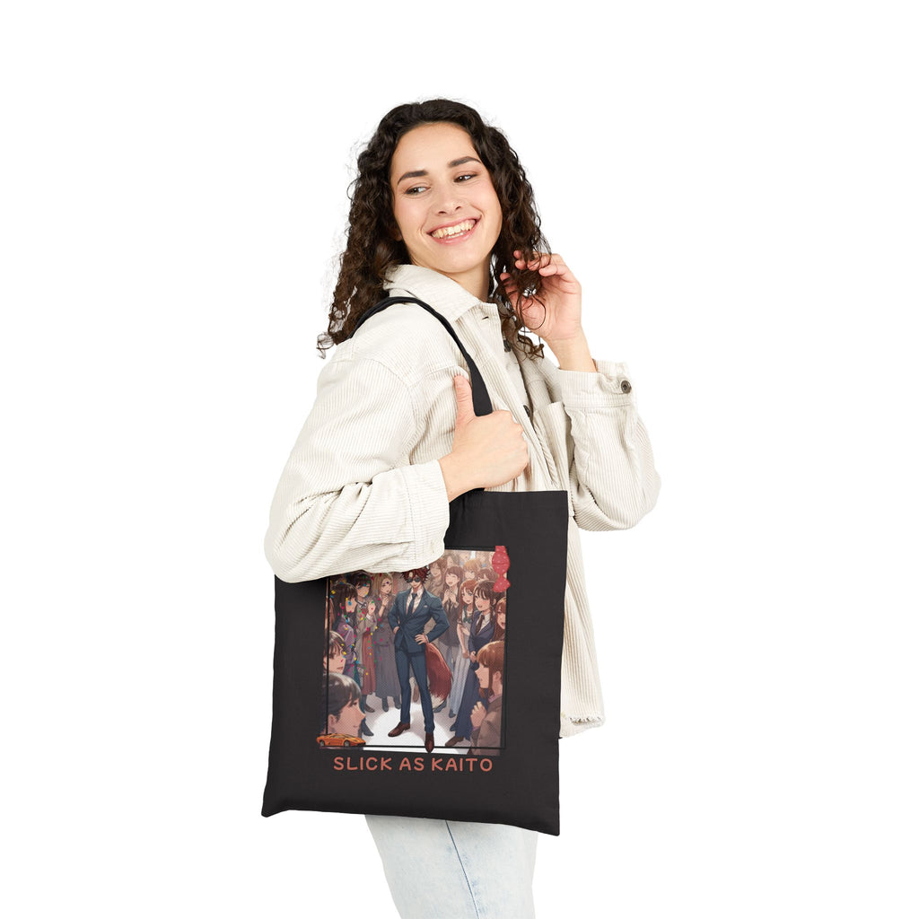 Tote bag Anime KAITO séducteur rusé - tote en toile noir avec impression KAITO et slogan Slick as Kaito